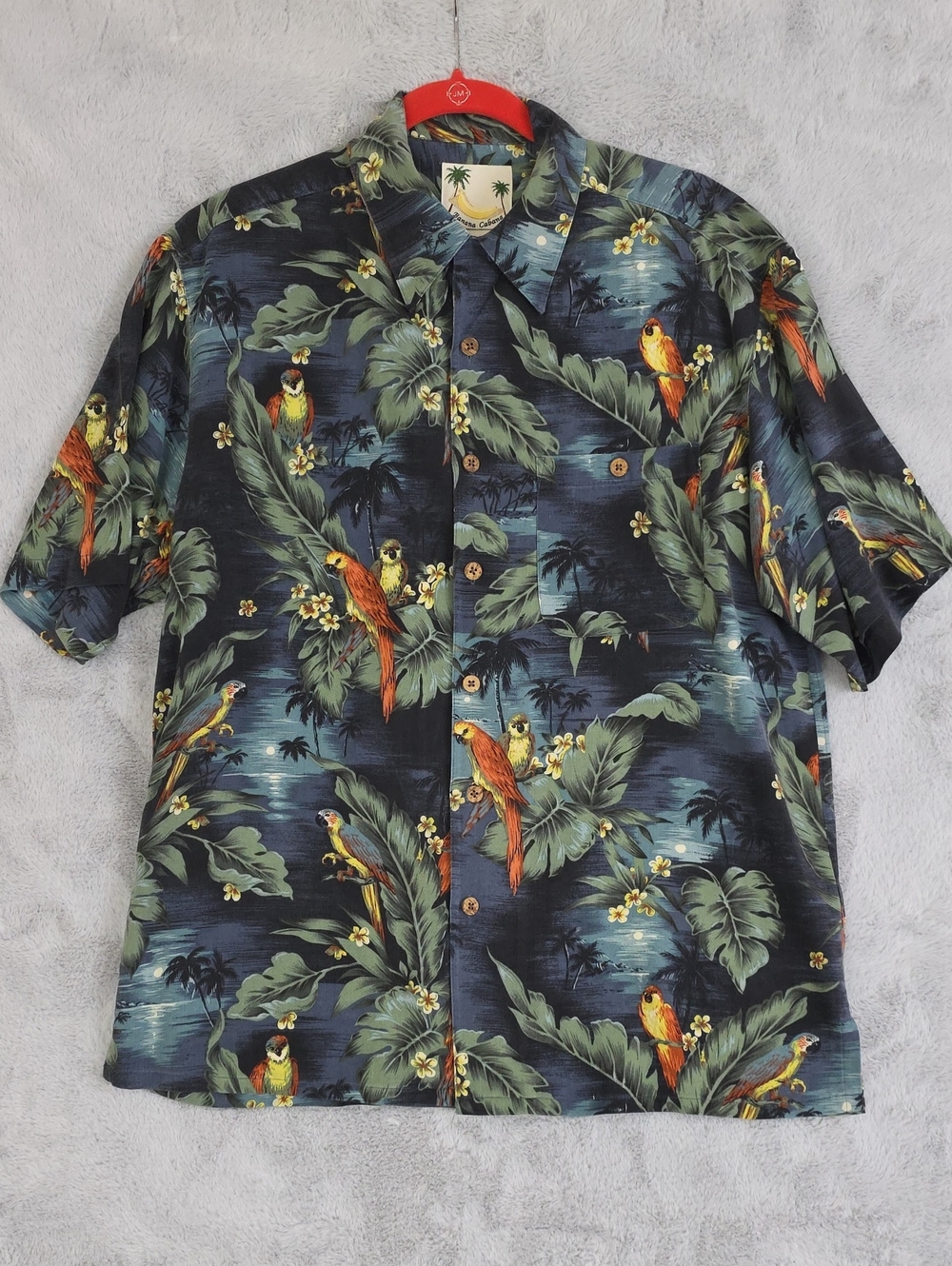 Banana Cabana 100% Silk Hawaiian Shirt Mens Medium Parrot Tropical Camp Aloha Bu